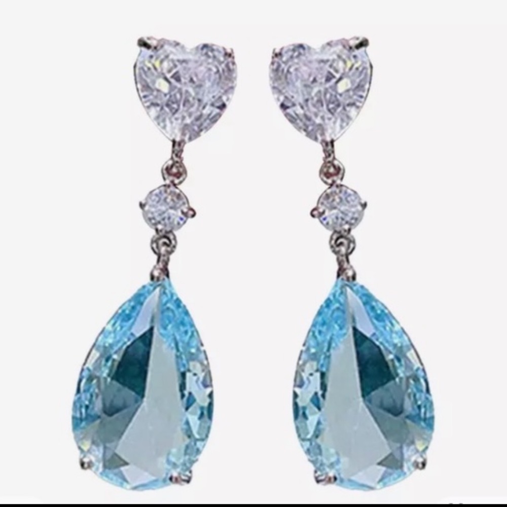 Blue Pear Cut, White Heart Cut Earrings Made With Swarovski Crystals